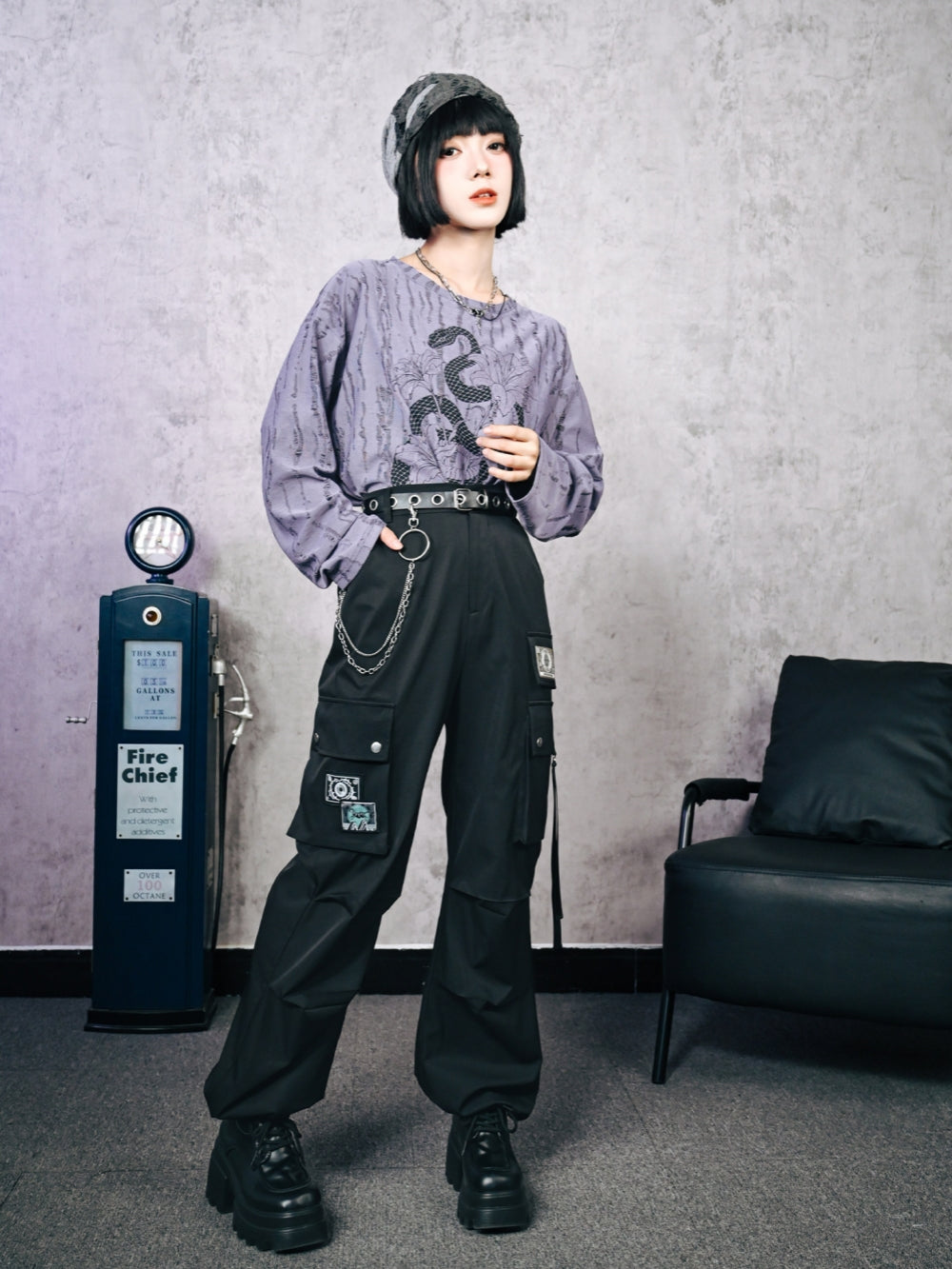 Snake and Flower Print Long Sleeve Top