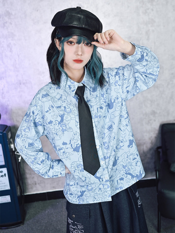Cartoon Cat Print Long Sleeve Button-Down Shirt