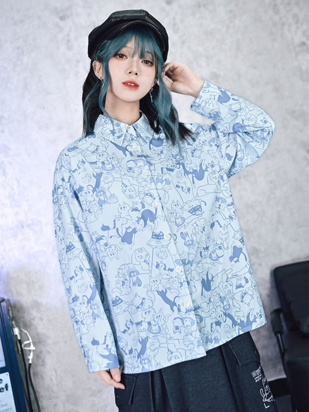 Cartoon Cat Print Long Sleeve Button-Down Shirt