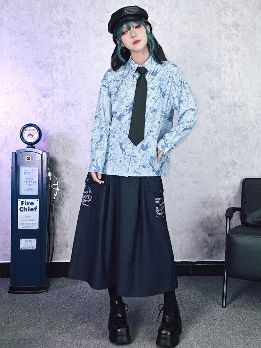 Cartoon Cat Print Long Sleeve Button-Down Shirt