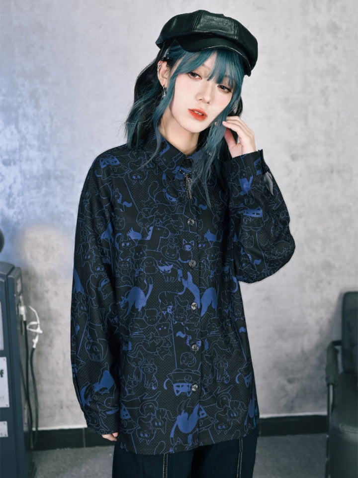 Cartoon Cat Print Long Sleeve Button-Down Shirt