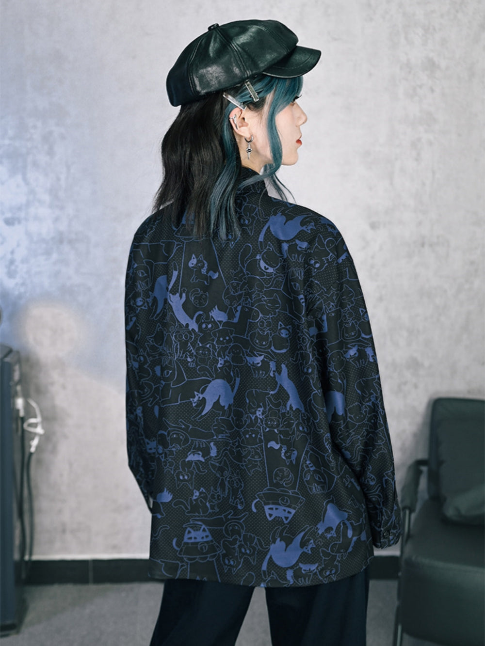 Cartoon Cat Print Long Sleeve Button-Down Shirt