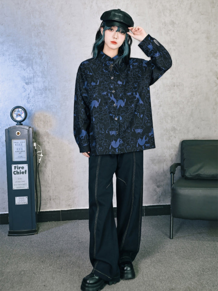 Cartoon Cat Print Long Sleeve Button-Down Shirt