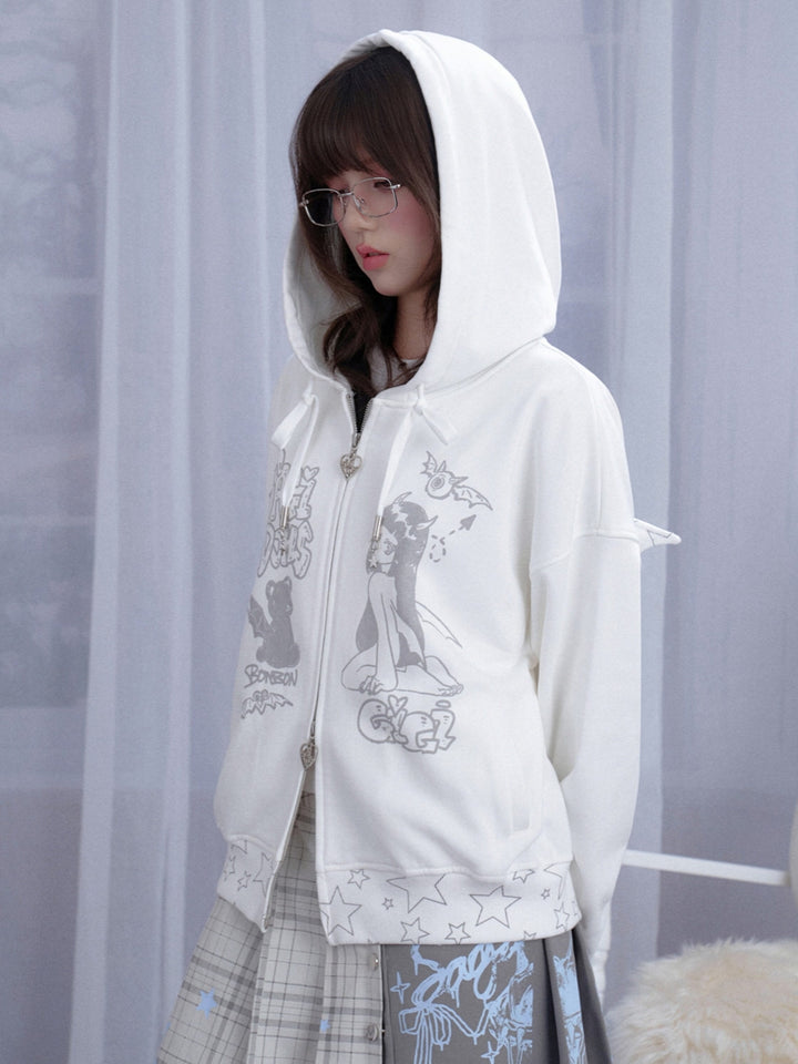 Y2K Anime Girl Graphic Oversized White Zip-Up Hoodie