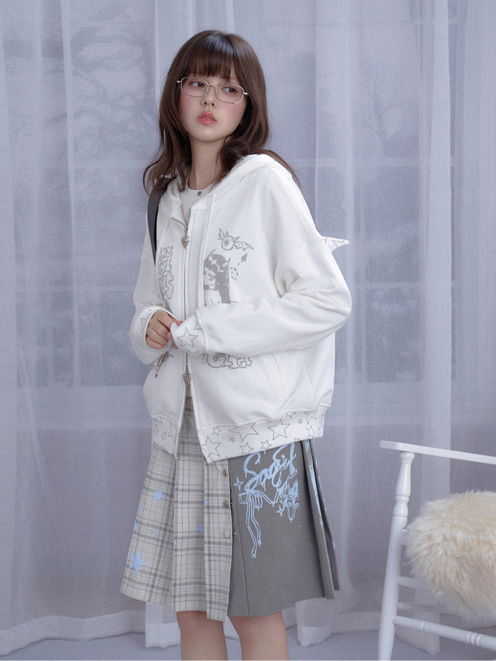 Y2K Anime Girl Graphic Oversized White Zip-Up Hoodie