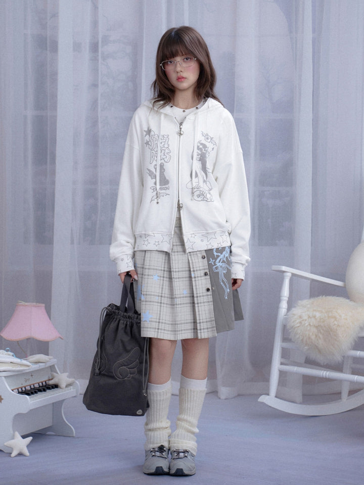 Y2K Anime Girl Graphic Oversized White Zip-Up Hoodie