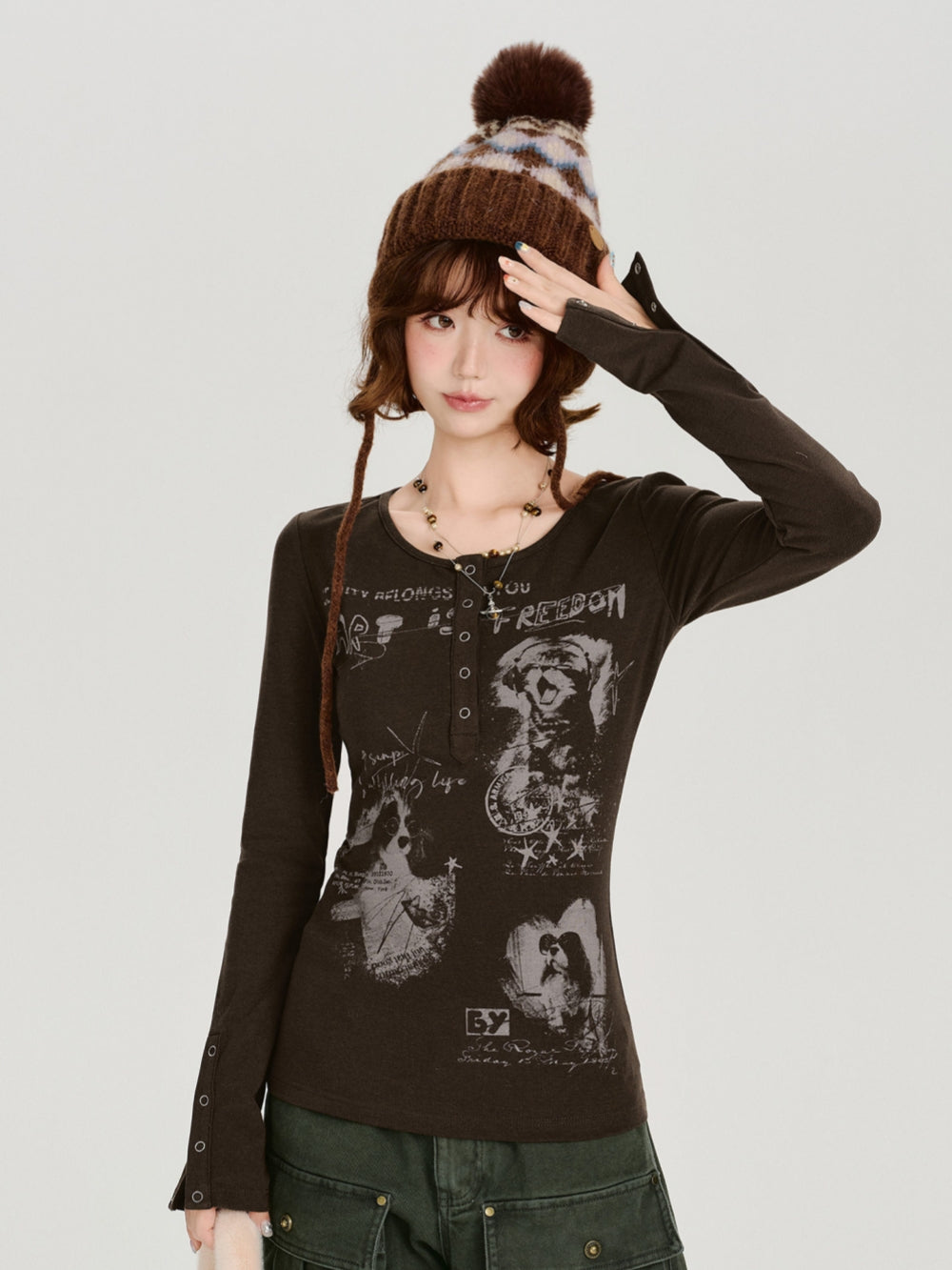 Vintage Graphic Print Henley Long Sleeve Tops