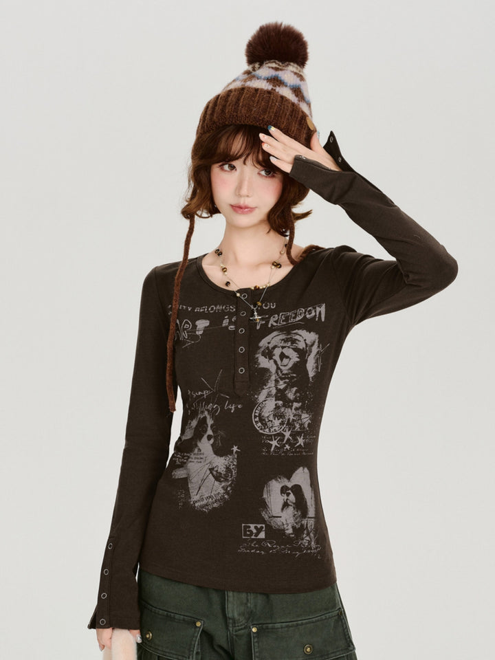 Vintage Graphic Print Henley Long Sleeve Tops