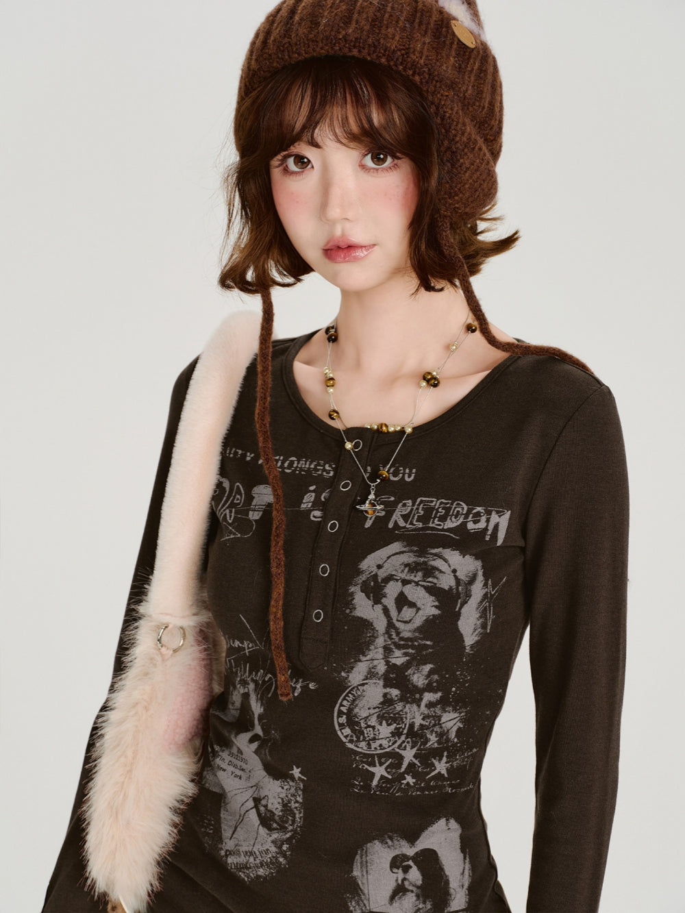 Vintage Graphic Print Henley Long Sleeve Tops