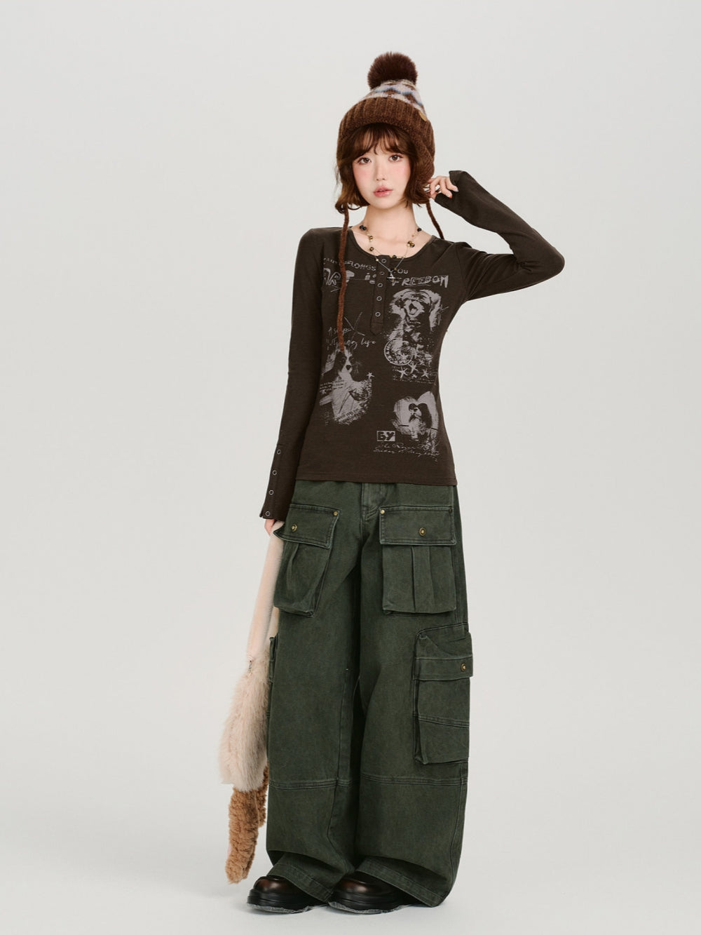 Vintage Graphic Print Henley Long Sleeve Tops