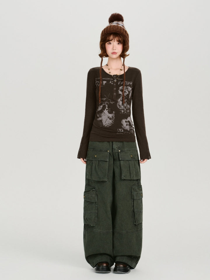 Vintage Graphic Print Henley Long Sleeve Tops