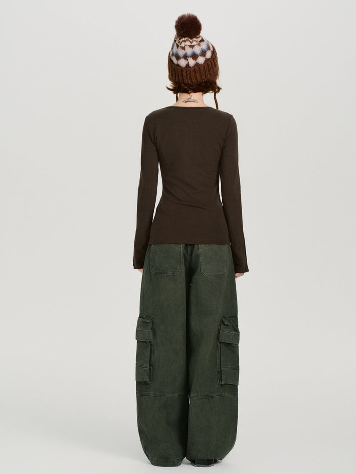 Vintage Graphic Print Henley Long Sleeve Tops