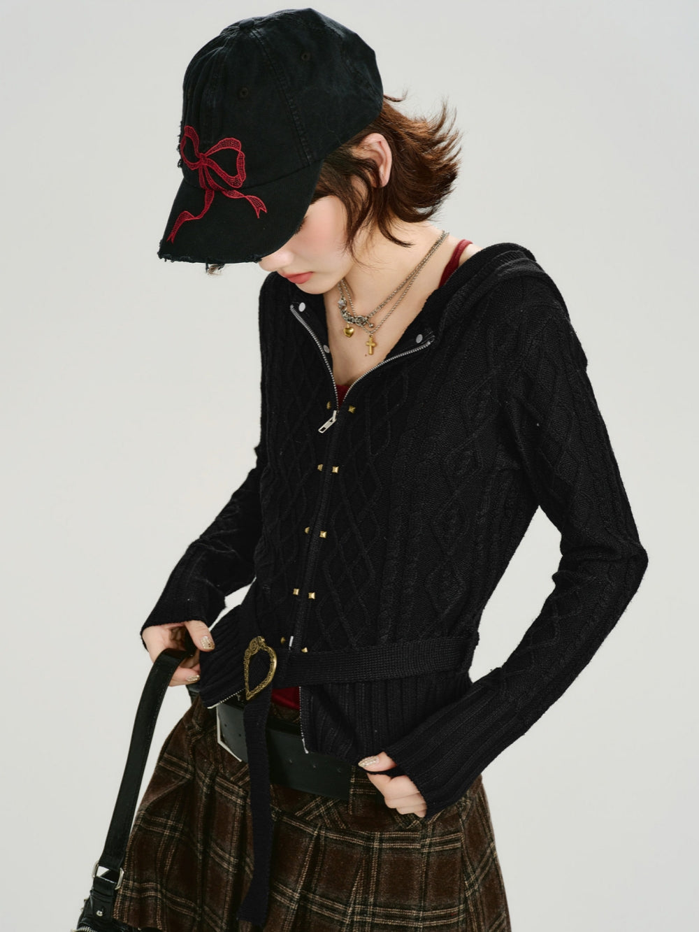 Black Cable Knit Zip-Up Cardigan