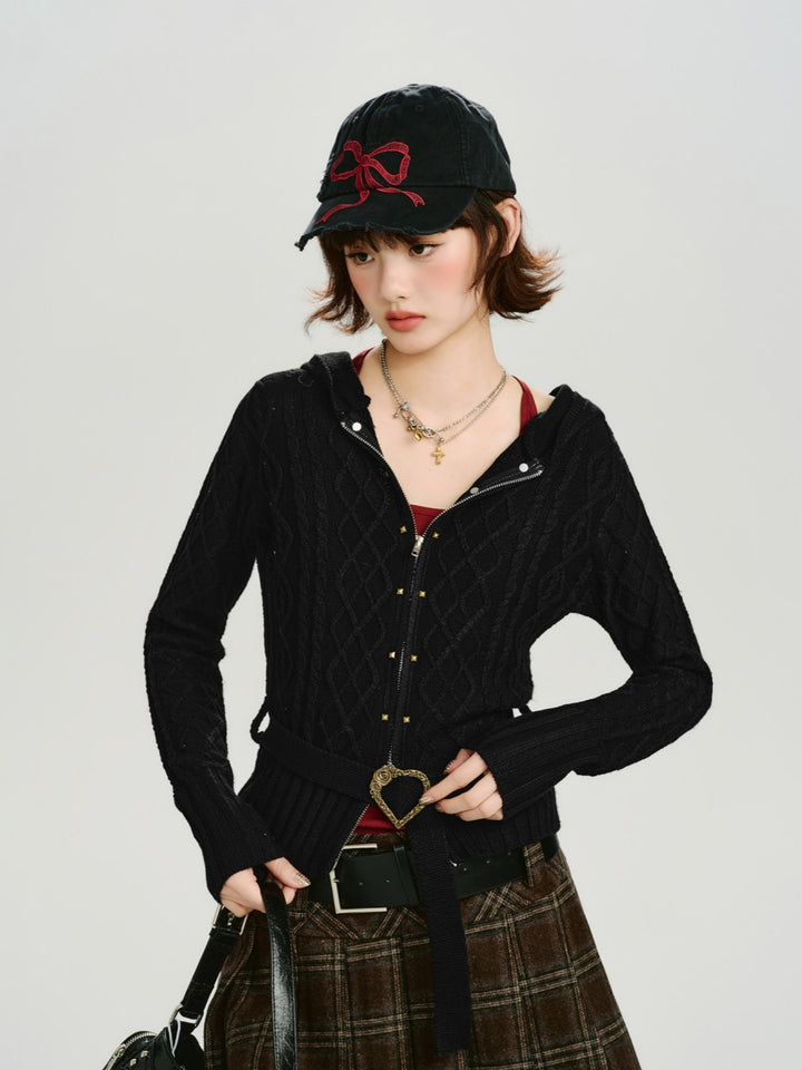 Black Cable Knit Zip-Up Cardigan