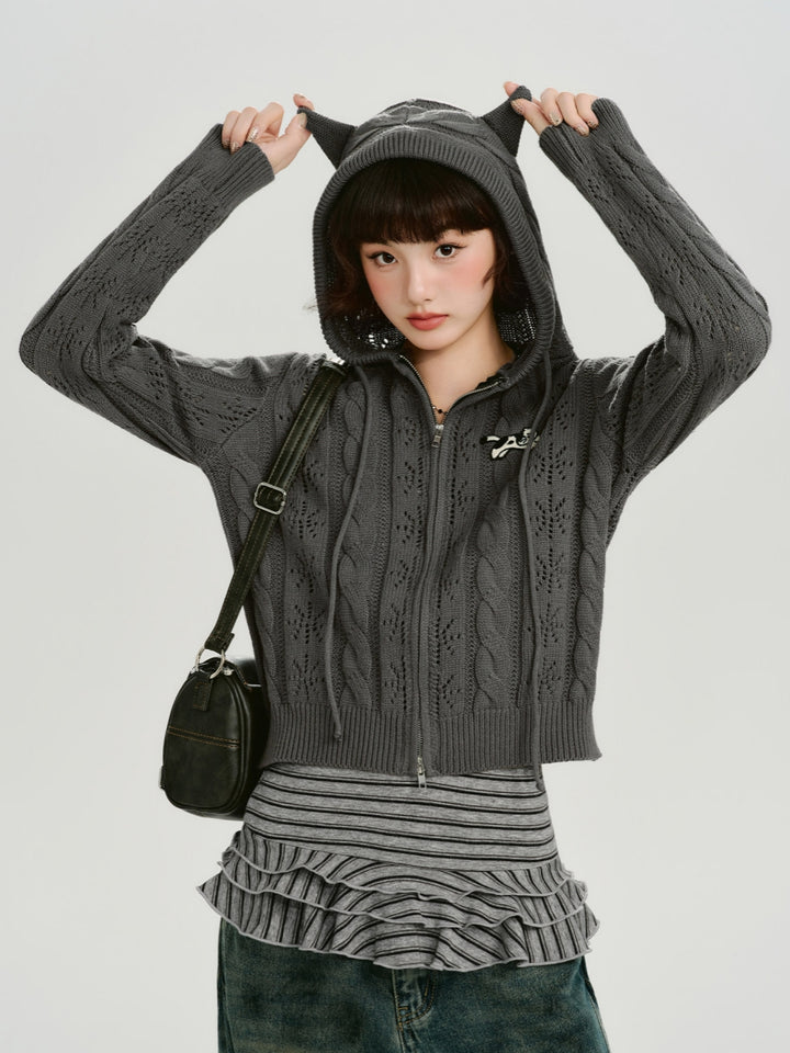 Y2K Cat Ear Pointelle Knit Grey Zip-Up Cardigan