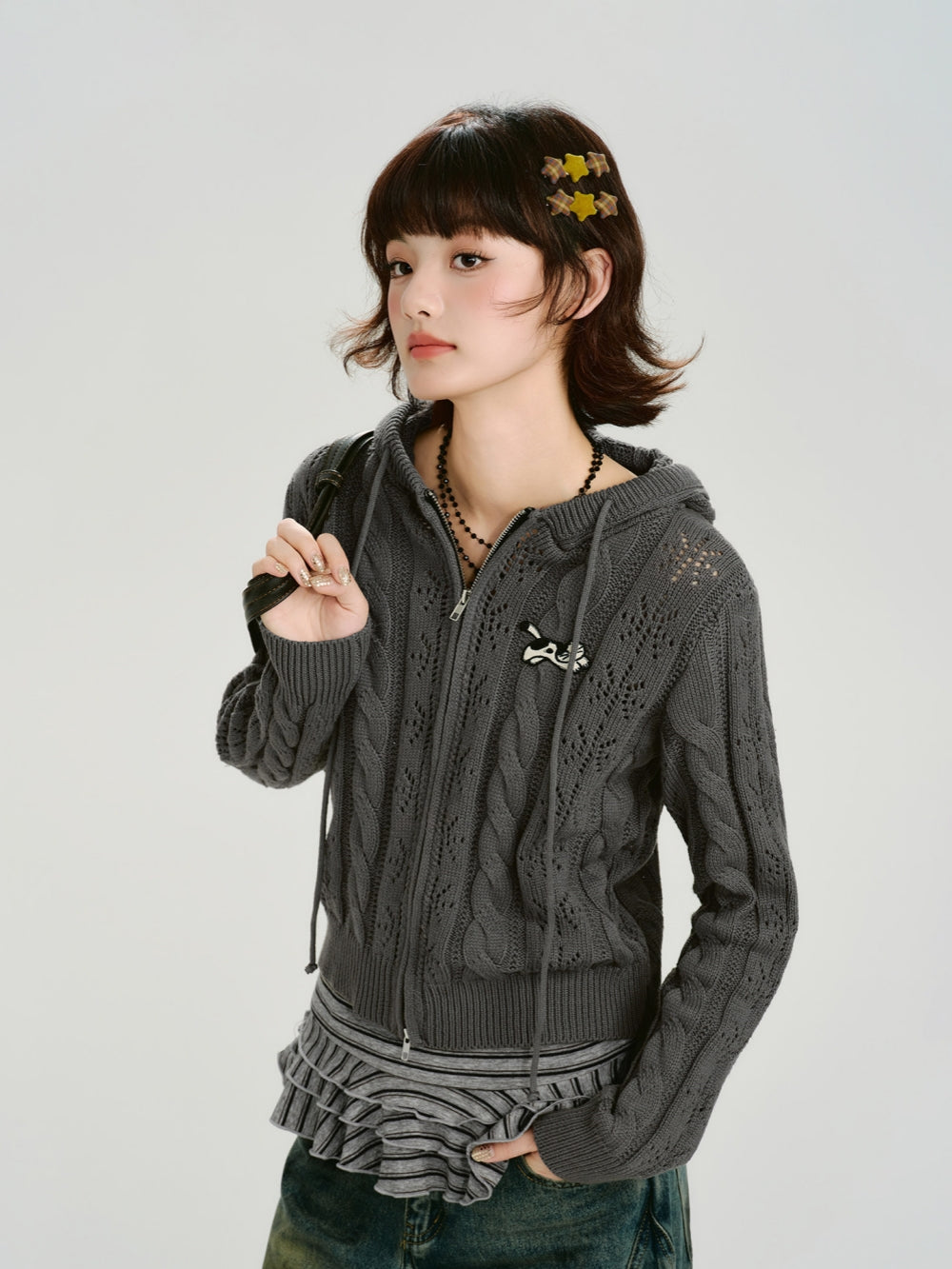 Y2K Cat Ear Pointelle Knit Grey Zip-Up Cardigan