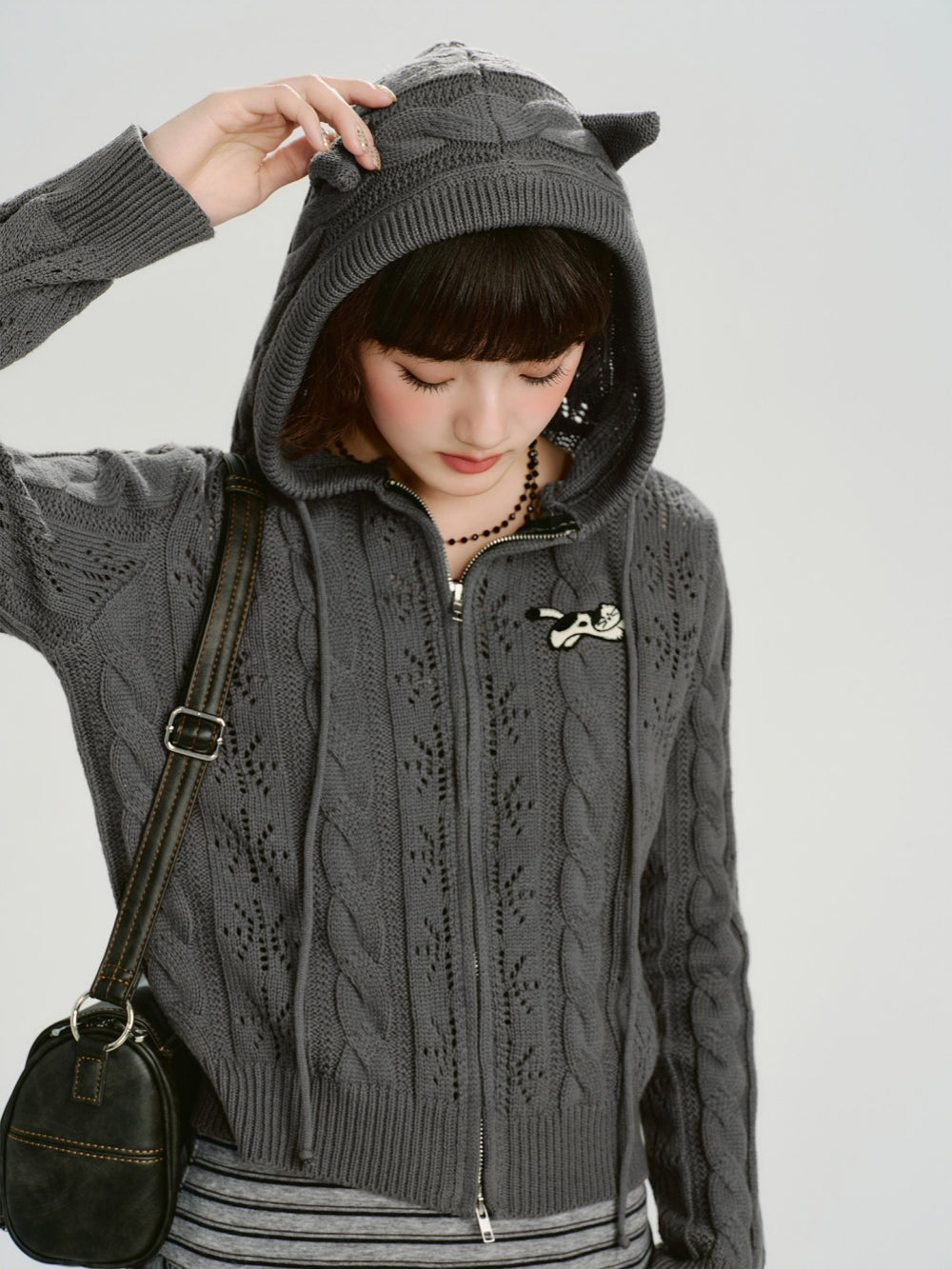 Y2K Cat Ear Pointelle Knit Grey Zip-Up Cardigan