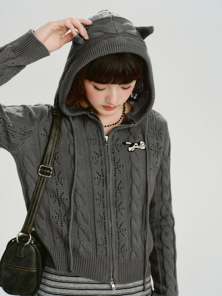 Y2K Cat Ear Pointelle Knit Grey Zip-Up Cardigan