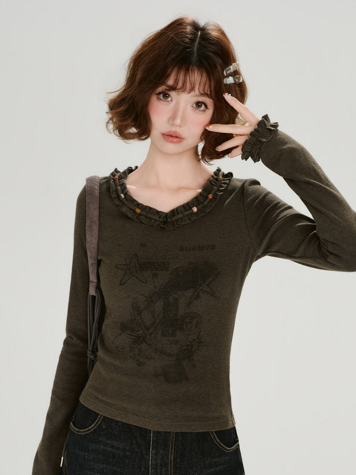 Vintage Ruffled Trim Long Sleeve Graphic Print Slim Tops