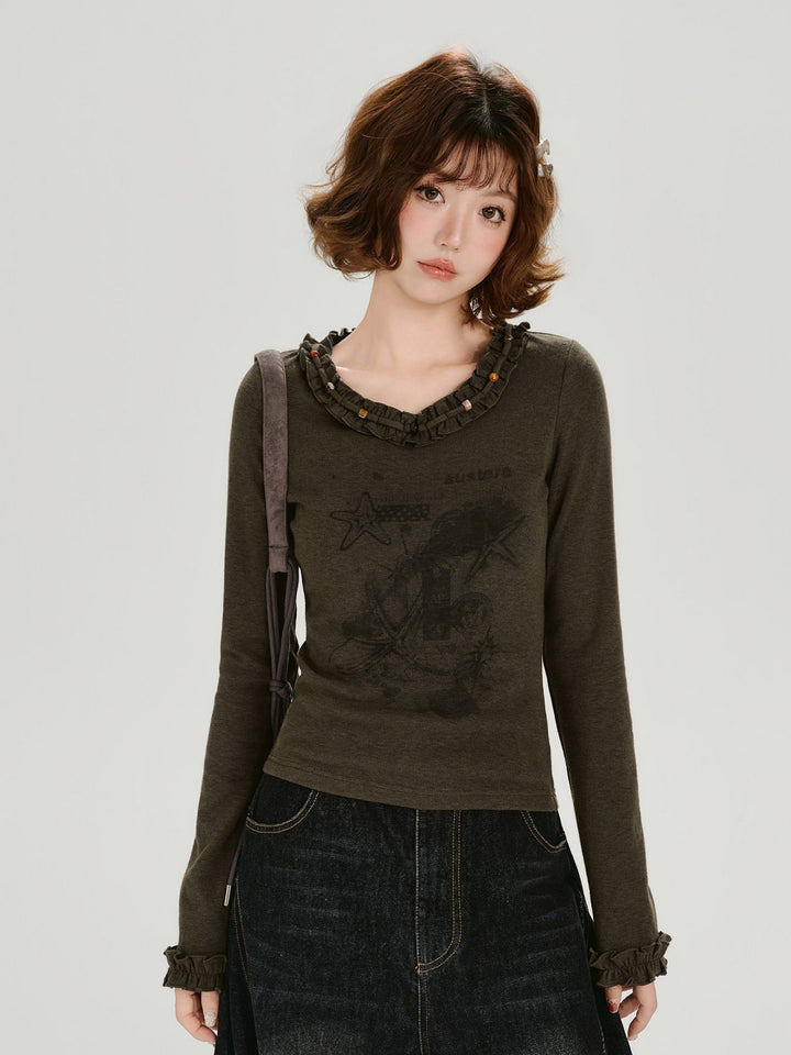 Vintage Ruffled Trim Long Sleeve Graphic Print Slim Tops