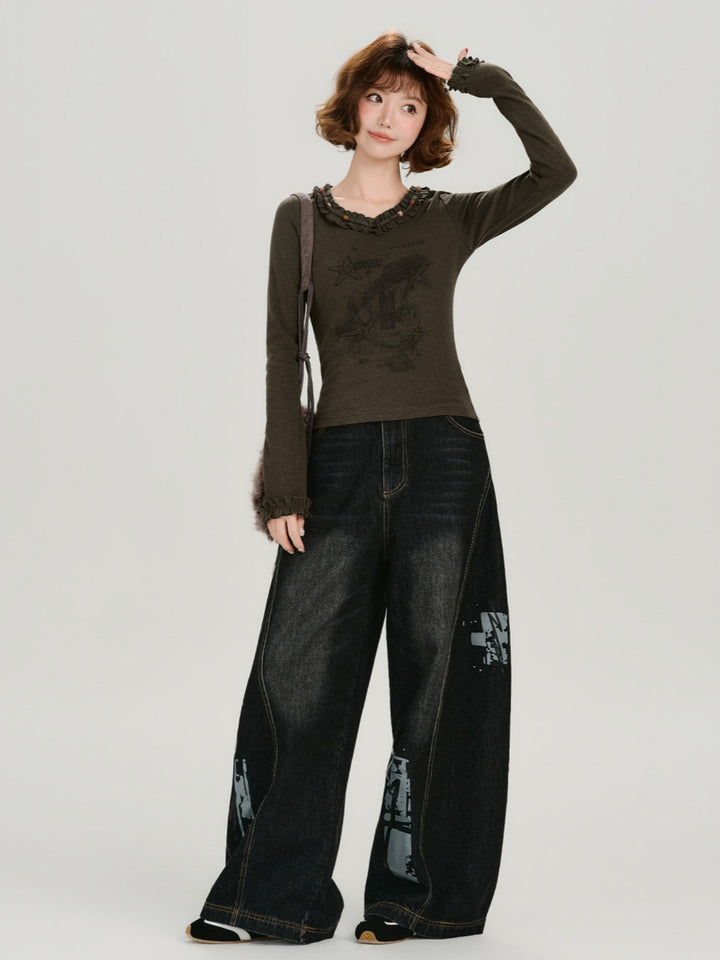 Vintage Ruffled Trim Long Sleeve Graphic Print Slim Tops