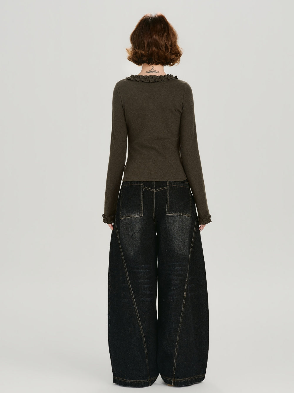 Vintage Ruffled Trim Long Sleeve Graphic Print Slim Tops