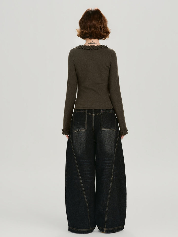 Vintage Ruffled Trim Long Sleeve Graphic Print Slim Tops