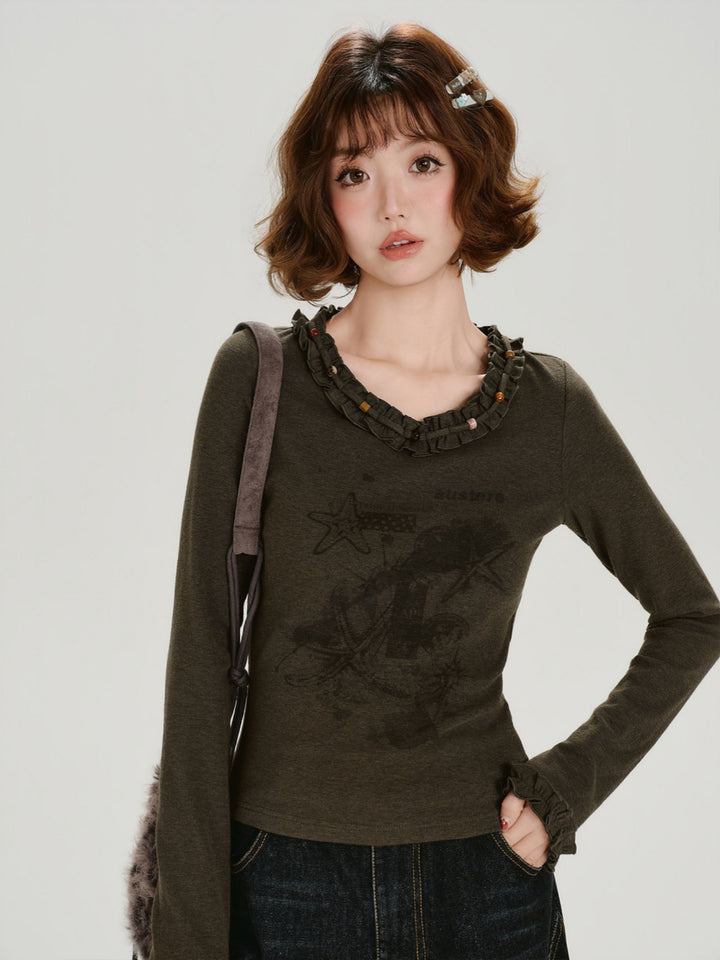 Vintage Ruffled Trim Long Sleeve Graphic Print Slim Tops
