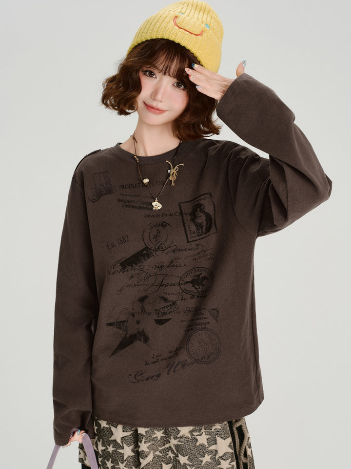 Vintage Postmark Graphic Oversized Long Sleeve Tops
