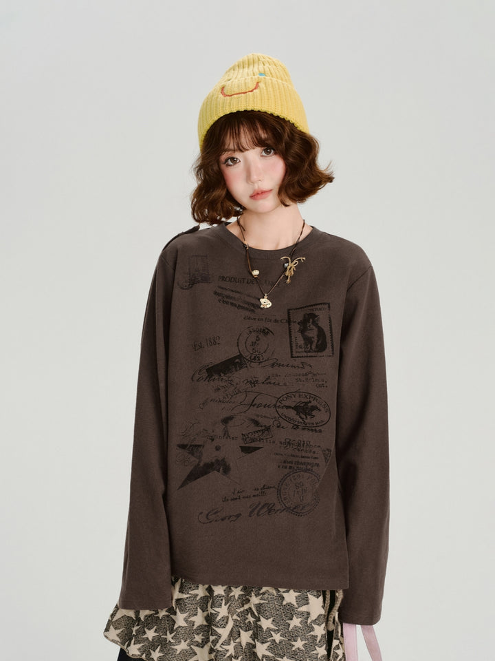 Vintage Postmark Graphic Oversized Long Sleeve Tops