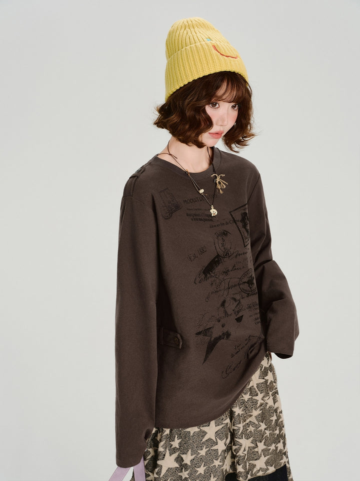 Vintage Postmark Graphic Oversized Long Sleeve Tops