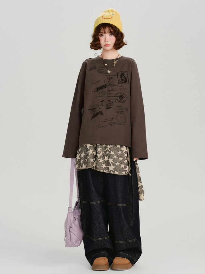 Vintage Postmark Graphic Oversized Long Sleeve Tops