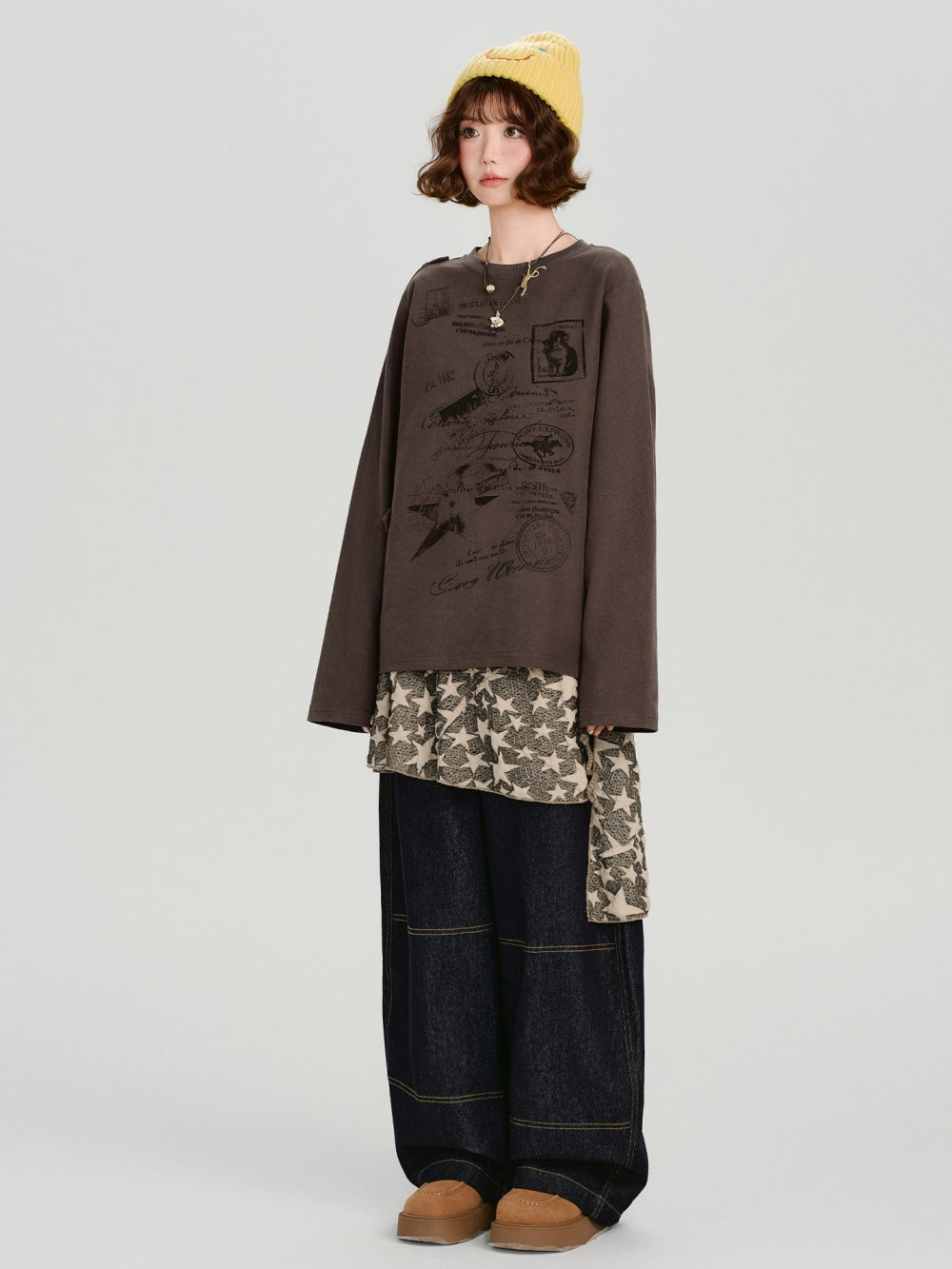Vintage Postmark Graphic Oversized Long Sleeve Tops