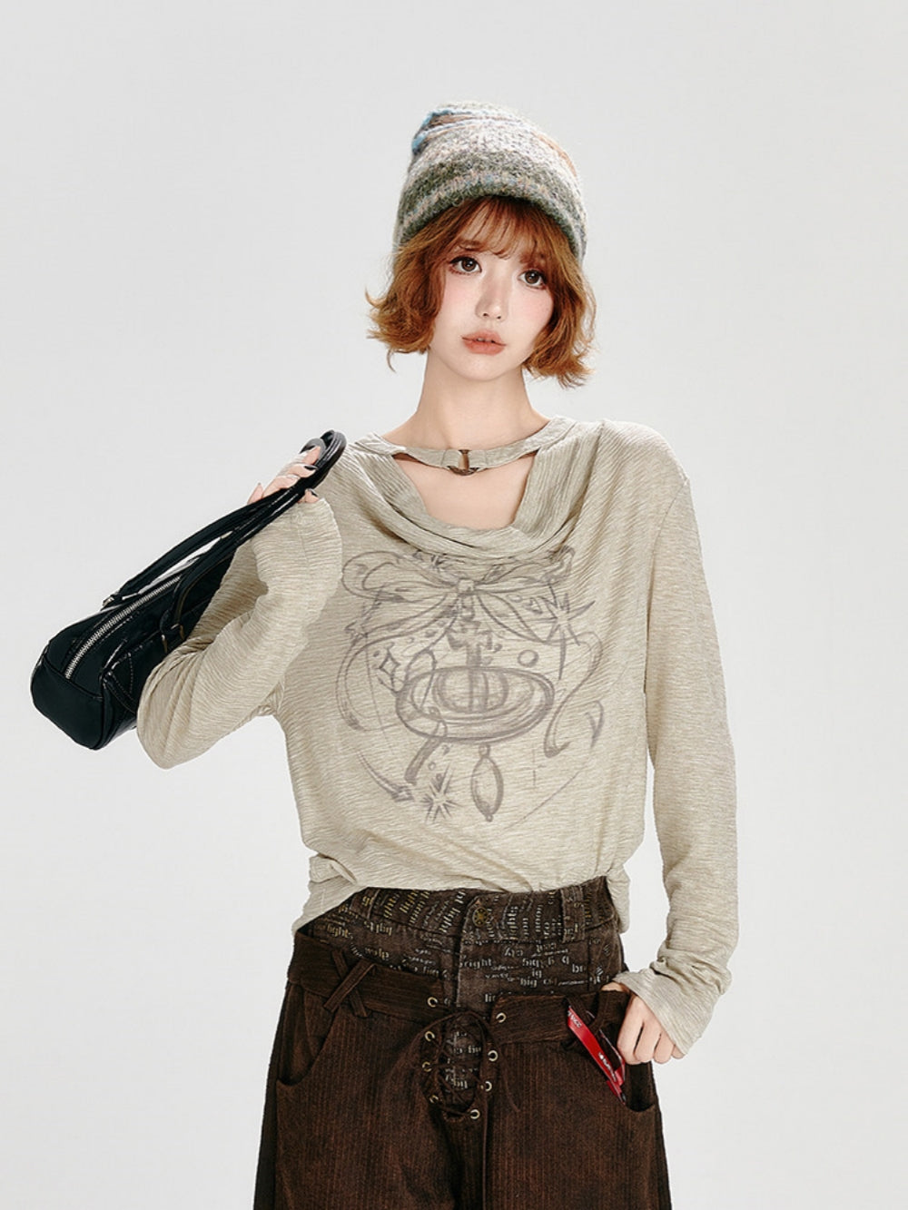 Saturn Graphic Draped Neck Top