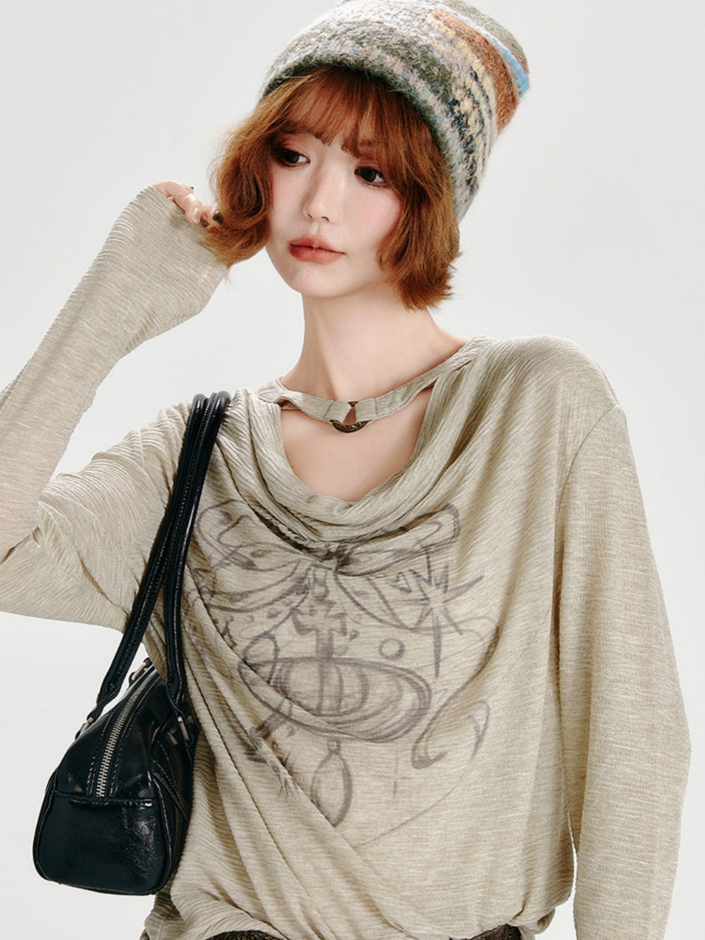 Saturn Graphic Draped Neck Top