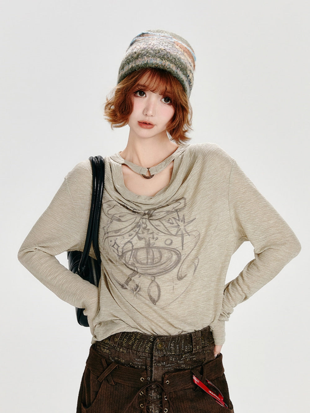 Saturn Graphic Draped Neck Top