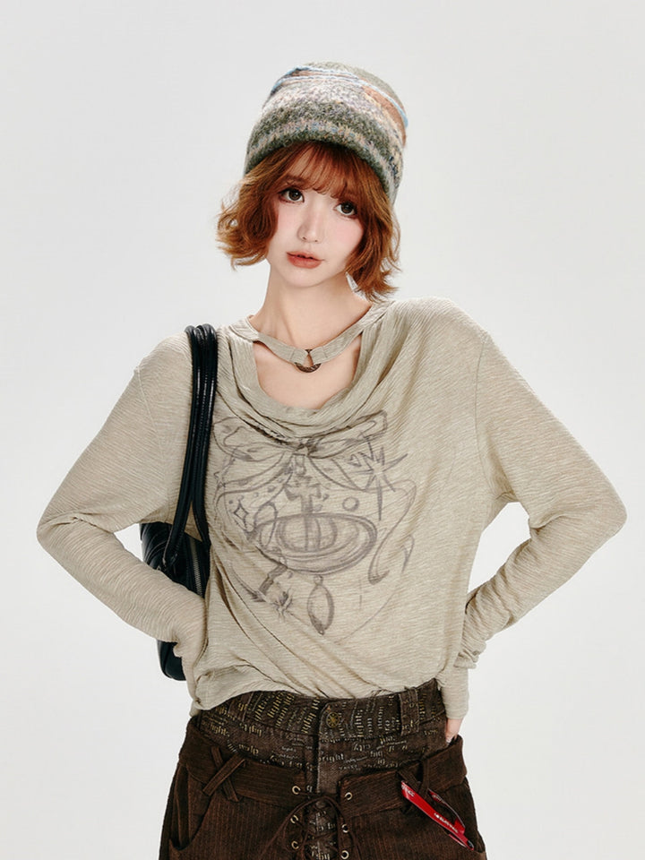 Saturn Graphic Draped Neck Top