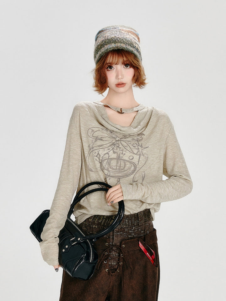 Saturn Graphic Draped Neck Top