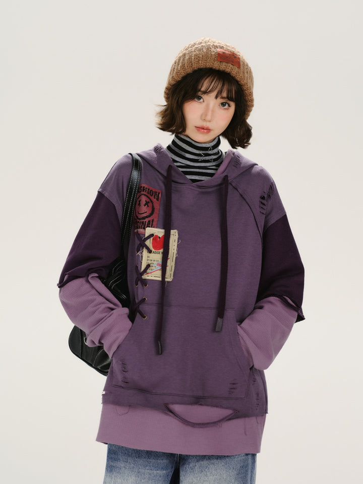 Purple Lace-up Patchwork Oversized Hoodie