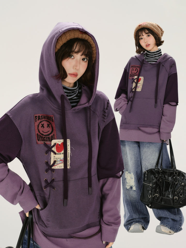 Purple Lace-up Patchwork Oversized Hoodie