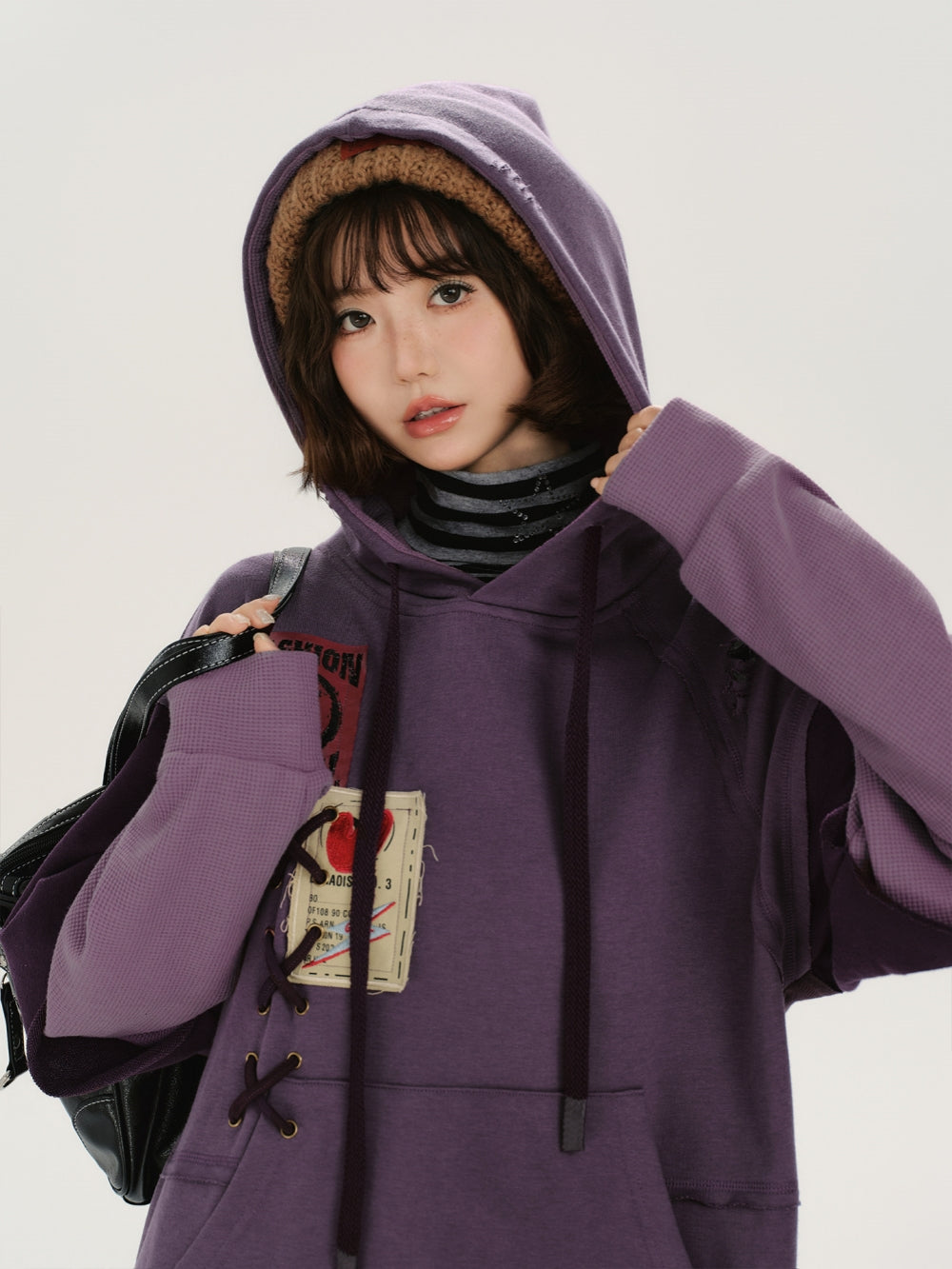 Purple Lace-up Patchwork Oversized Hoodie