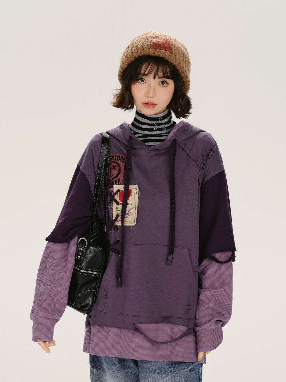 Purple Lace-up Patchwork Oversized Hoodie