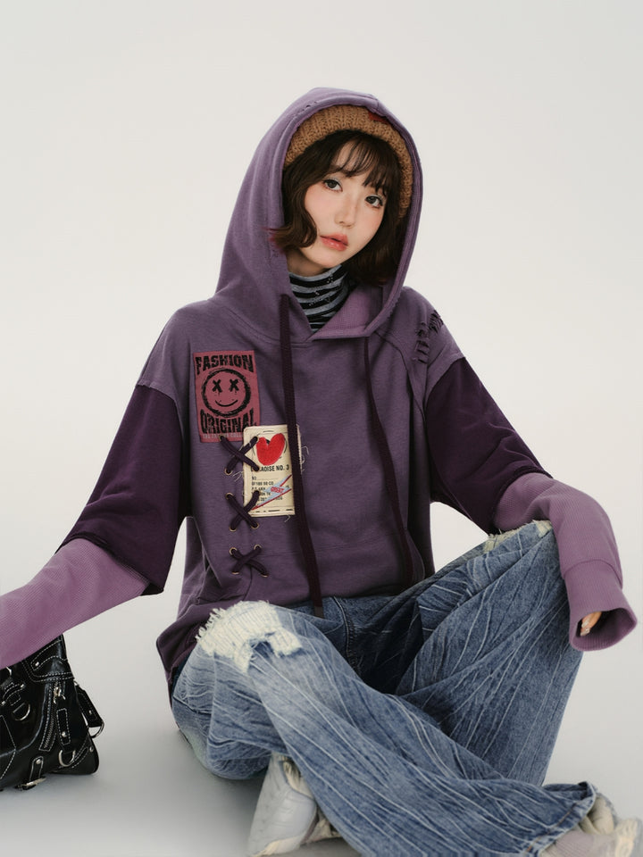 Purple Lace-up Patchwork Oversized Hoodie