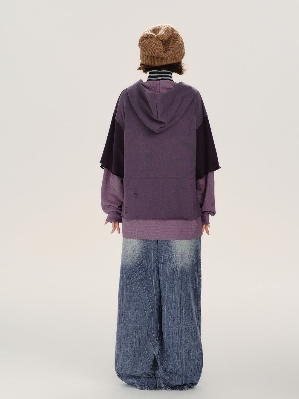 Purple Lace-up Patchwork Oversized Hoodie