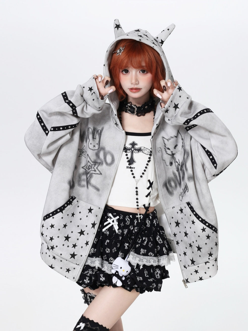 Vintage Grunge Star Cat Ear Zip-up Hoodie