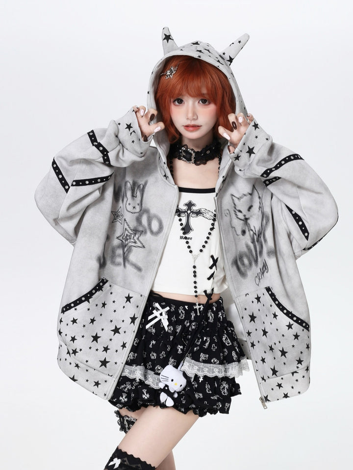 Vintage Grunge Star Cat Ear Zip-up Hoodie