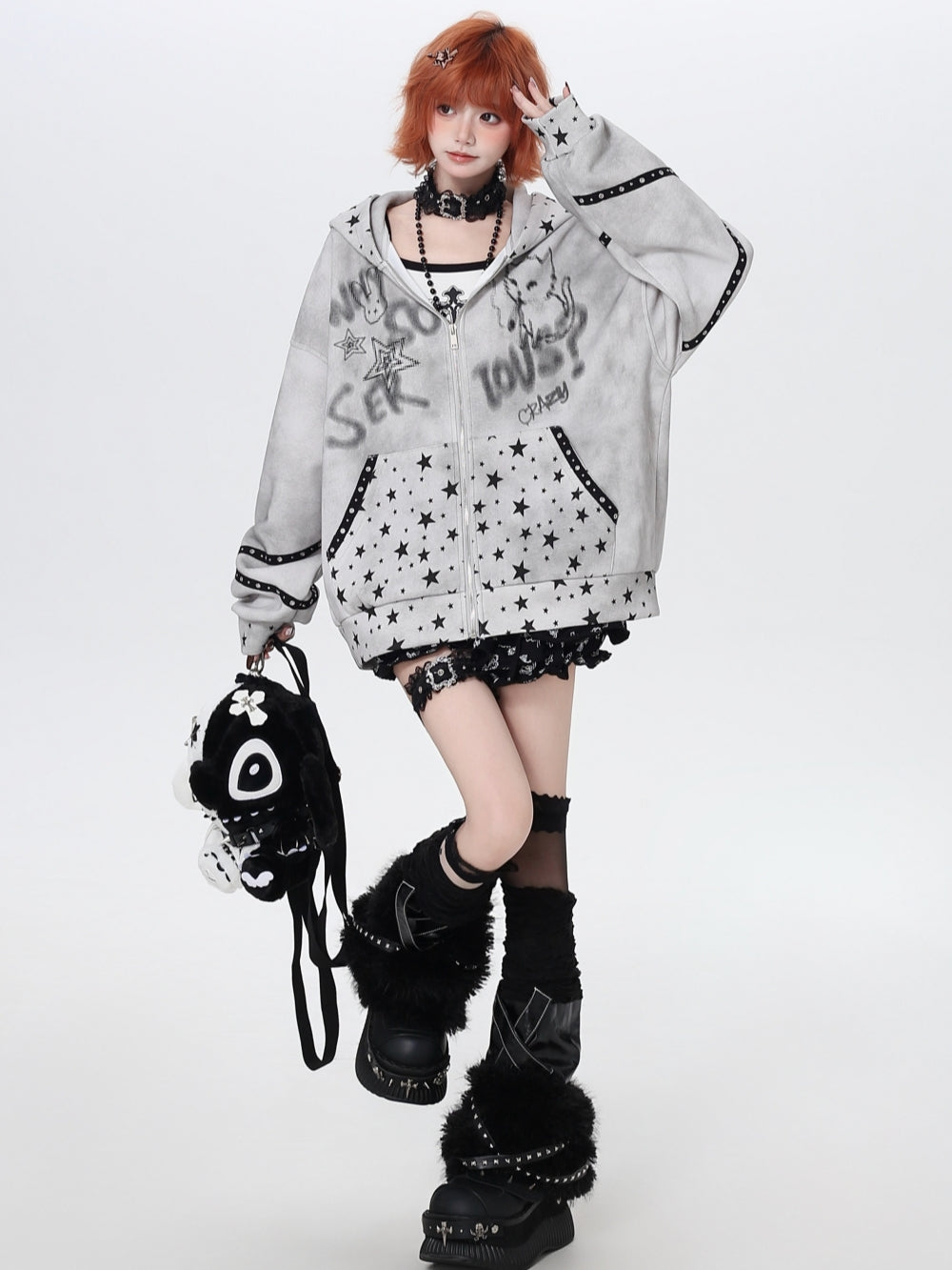 Vintage Grunge Star Cat Ear Zip-up Hoodie