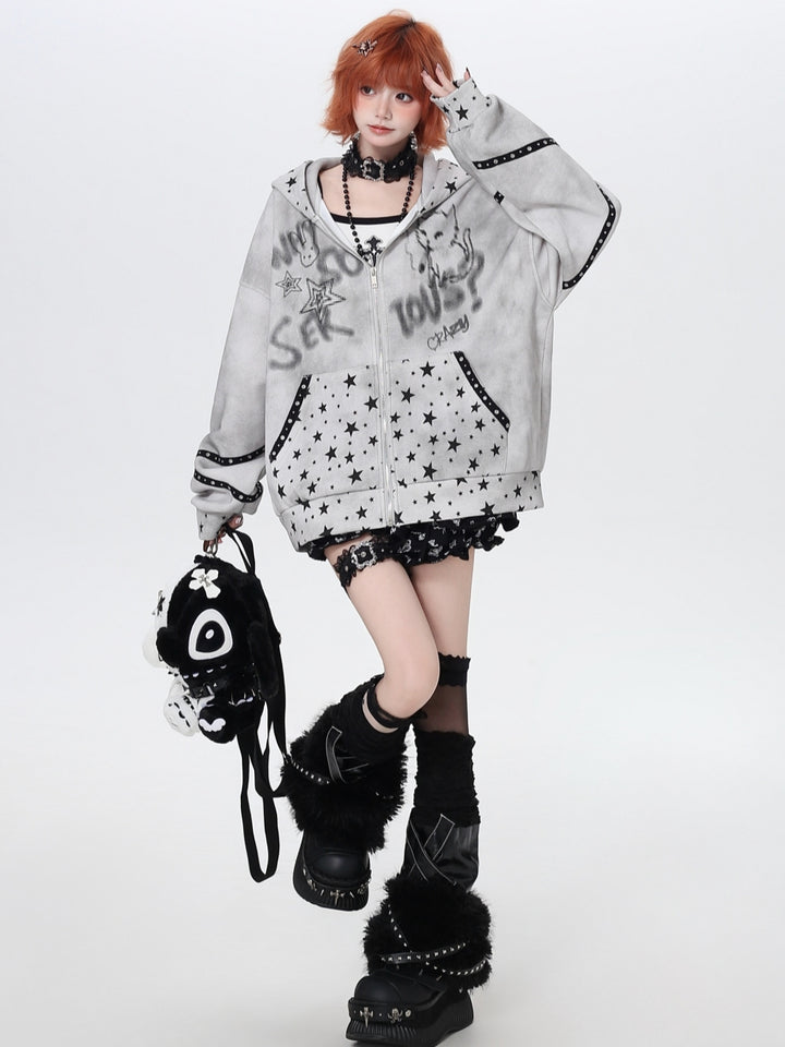 Vintage Grunge Star Cat Ear Zip-up Hoodie
