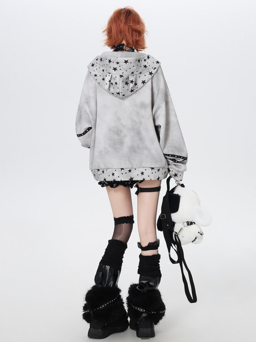 Vintage Grunge Star Cat Ear Zip-up Hoodie