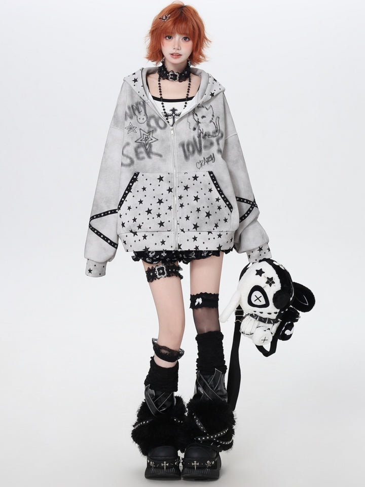 Vintage Grunge Star Cat Ear Zip-up Hoodie